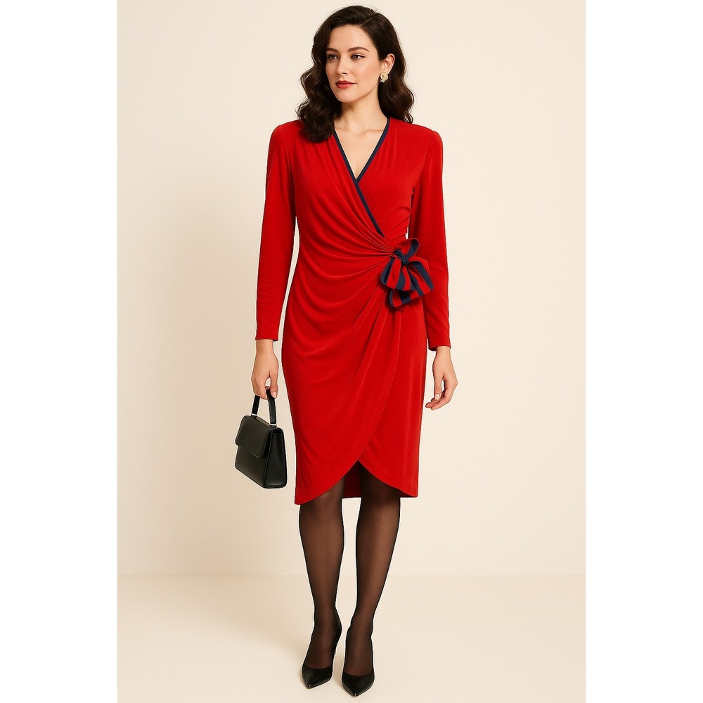 Pia Rucci Red Silk Dress Ruched Tulip Tie Detail V Neck Party Cocktail